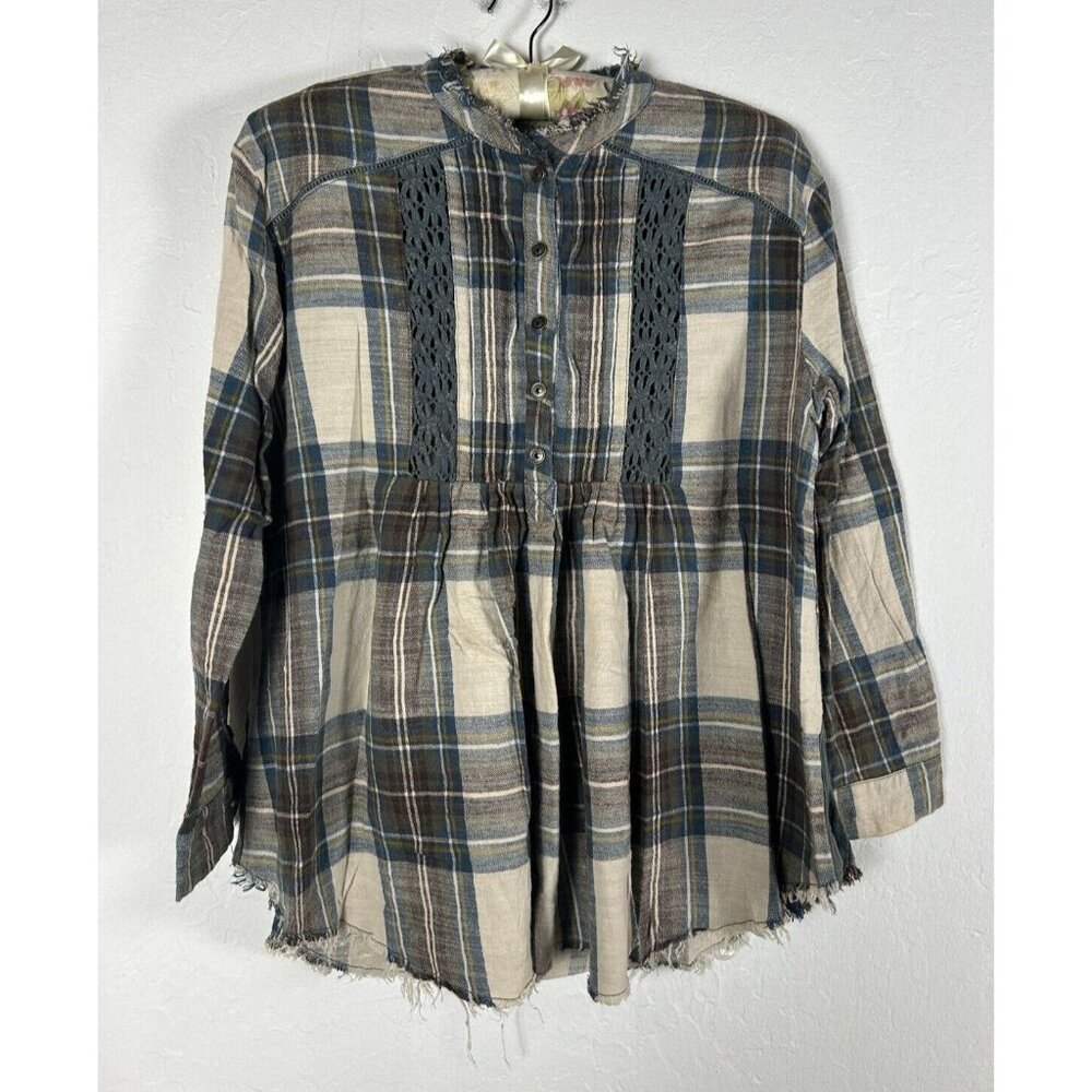 Ethereal Womens Long Sleeve Pintuck Plaid Tunic Top Blouse Small Multi Raw Trim